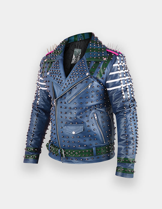 Men's Blue & White Studded Leather Jacket with Patches